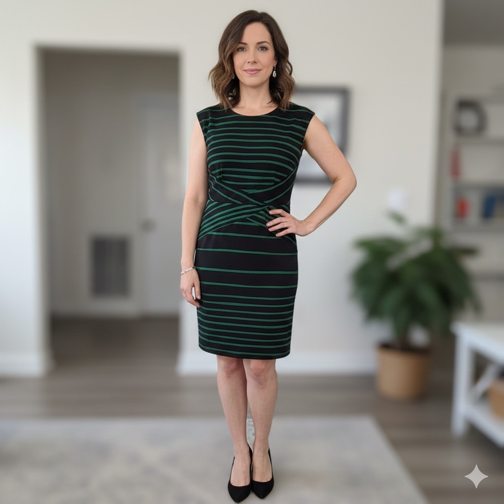 Alix Navy blue and Green Striped Midi Dress